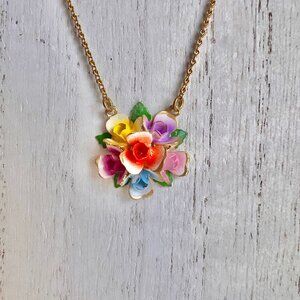 Vintage Floral Austrian Necklace, Gold Tone Multi-Color Flower Necklace
